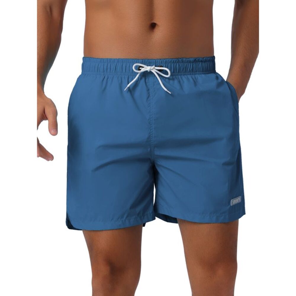 Summer Drawstring Elastic Waist Mesh Lining Solid Board Shorts Navy Blue